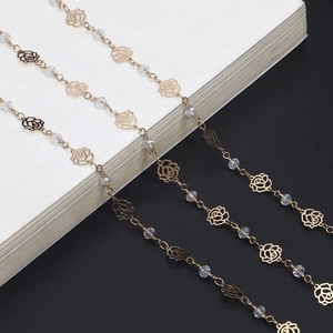 Elegant Golden Hollow Rose Flower Glasses Chain Metal Alloy With Artificial Crystal Beads Anti-Slip Sunglasses Strap