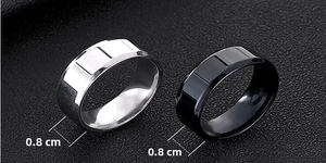 Detail view of 0.8cm wide faceted titanium steel rings in black and silver