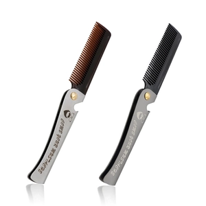 Portable folding stainless steel comb set for men with metal handle and mustache engraving