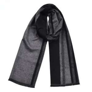 Detail showing the gray and black color block pattern and fine stripes on winter scarf