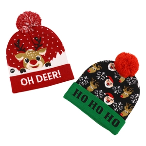 Christmas knit beanies with LED lights, reindeer patterns and festive holiday phrases