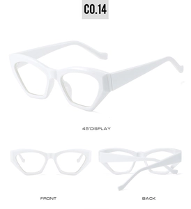 Three-view detail of white cat-eye frames with thick temples and geometric styling