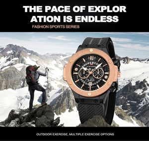 Sporty men's watch with rose gold bezel and black silicone strap against a mountain backdrop