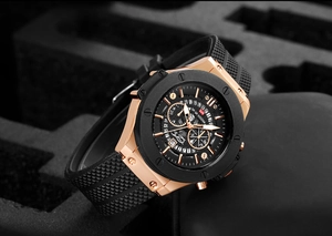 Close-up of rose gold hollow dial and black silicone strap on waterproof sport watch