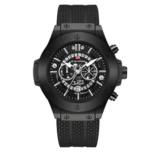 All-black men's sports watch with chronograph dial and silicone strap on white background