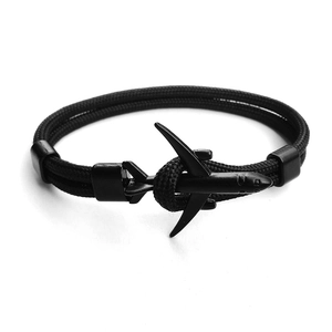 Nautical style black paracord bracelet with a matte black airplane metal clasp
