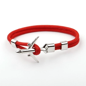 Men's double-layered red braided rope bracelet with a silver metal airplane anchor clasp
