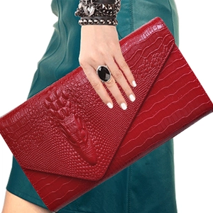 Fashionable red crocodile pattern envelope clutch bag with embossed crocodile head detail