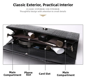 Internal layout of crocodile pattern clutch with card slots and mobile phone compartment