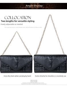 Detail of crocodile pattern clutch with adjustable gold metal chain strap modes