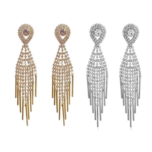 Elegant long square tassel drop earrings with sparkling rhinestones in gold and silver