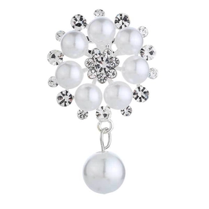Elegant floral pearl brooch with sparkling rhinestones and a hanging drop pearl pendant
