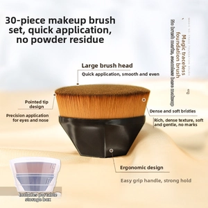 Detail of high-density fiber bristles and ergonomic hexagonal handle of a magic foundation brush