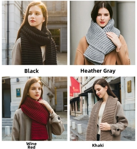 Multiple views of thick knit scarves in black, grey, wine red, and khaki colors