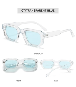 Detailed views of transparent blue square sunglasses with thick frames and unique temples