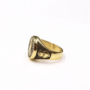 Detailed relief of praying hands on a gold vintage style religious signet ring for men
