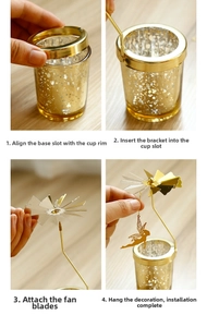 Step-by-step assembly guide for golden rotating candle holder with angel charms