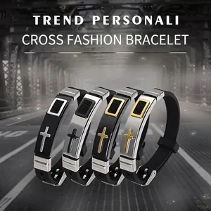Cross Bracelet For Men Stainless Steel Religious Silicone Wristband Adjustable Jewelry Punk Street Fashion Gift