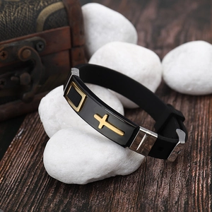 Adjustable black silicone religious bracelet for men with golden cross on white stones