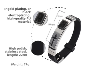 Detail showing adjustable silicone strap and stainless steel cross charm with specs