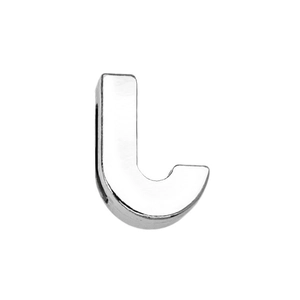 Detail of silver letter J charm showing 3D thickness and metallic brushed texture