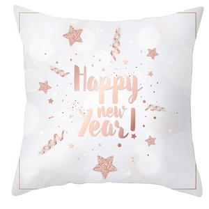 Détail du lettrage rose gold Happy New Year et étoiles sur taie d'oreiller blanche