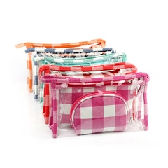 Set of six colorful checkered transparent toiletry bags with extra small round pouch