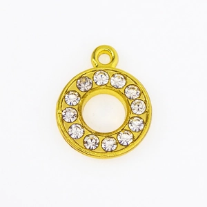 Macro shot of a 15mm gold-plated round pendant featuring white rhinestones for DIY jewelry