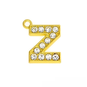 Detailed close-up of a 15mm gold-plated Z-letter charm with sparkling crystal rhinestones