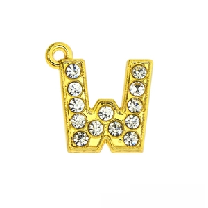 Detail view of 15mm gold letter W pendant with white rhinestones and a top fixed loop