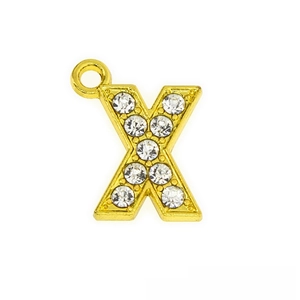 Macro shot of 15mm gold-plated letter X pendant with sparkling white zircon crystals