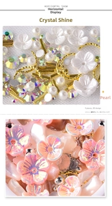 Macro detail of mixed shell flower charms, pearls and rhinestones for 3D nail art design