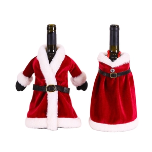 Christmas wine bottle covers featuring Santa suit and holiday dress designs in red velvet