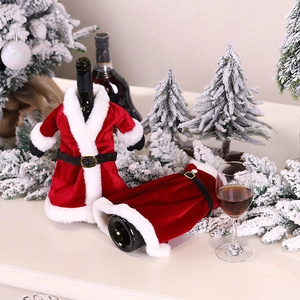 Red velvet Santa Claus wine bottle cover set with white fur trim and black belt