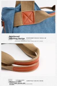 Detail of blue canvas bag with brown woven handles and premium reinforced stitching