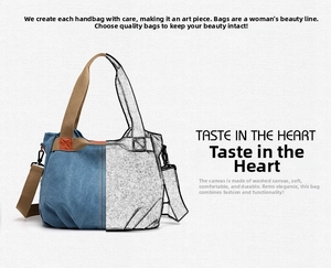 Detail of vintage blue canvas tote bag showing washed fabric texture and leather straps