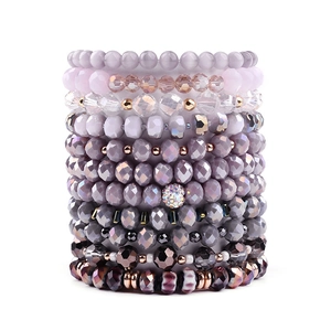 Elegant 11-piece stacked purple amethyst crystal bead bracelet set for women