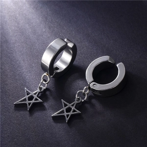 Silver stainless steel hoop earrings with star pendants on a textured dark background