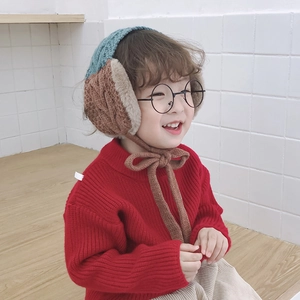 Kids knitted ear-muff headband in teal and brown featuring cozy chin ties