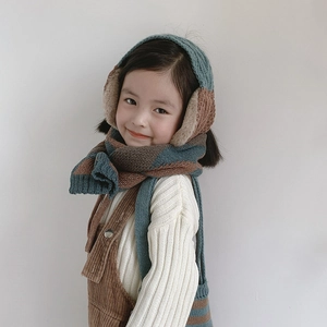 Kids knitted scarf and earflap set in brown and dark green stripes for winter warmth