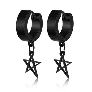 Men's black titanium steel earrings with round hoops and hanging pentagram star charms