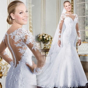 Robe De Mariée Sirène Blanche Broderie Dentelle Manches Longues Dos Illusion Tulle Robe De Mariée Formelle