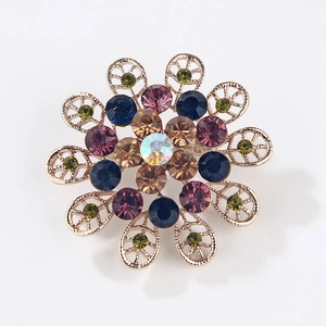 Detailed view of luxury vintage floral brooch with opal center and colorful crystals