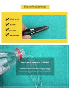 Green high-density fabric detail showing waterproof coating and scratch resistance test