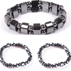 Three-piece set of black hematite beaded bracelets including wide and slim elastic bands