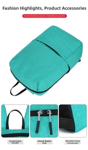Detail view of turquoise backpack featuring sturdy top handle and reinforced stitching