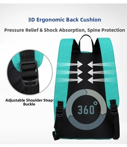 Detail of ergonomic 3D padded back panel and adjustable shoulder straps on backpack