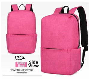 Detailed front and side view of a durable rose red casual backpack with zipper pockets