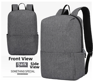 Dual-angle view of a gray casual travel backpack with textured fabric and zipper details
