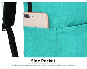 Close-up of side pocket on mint green backpack holding a smartphone for storage utility